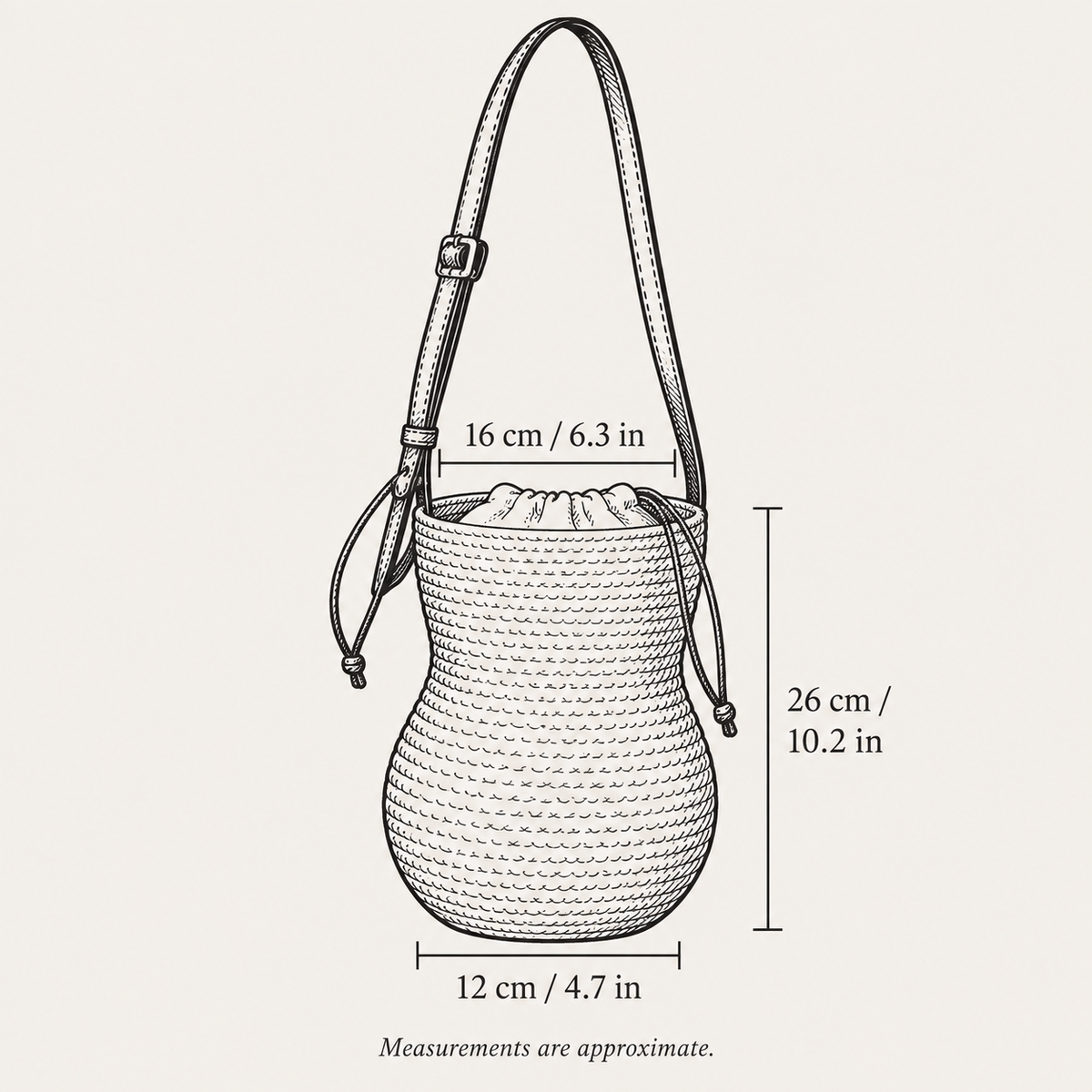 Gourd Shape Shoulder Bag, hand-drawn size guide with measurements in centimeters and inches