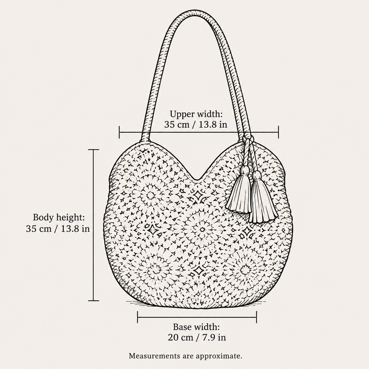 Hollow Weave Tassel Bag, hand-drawn size guide with measurements in centimeters and inches