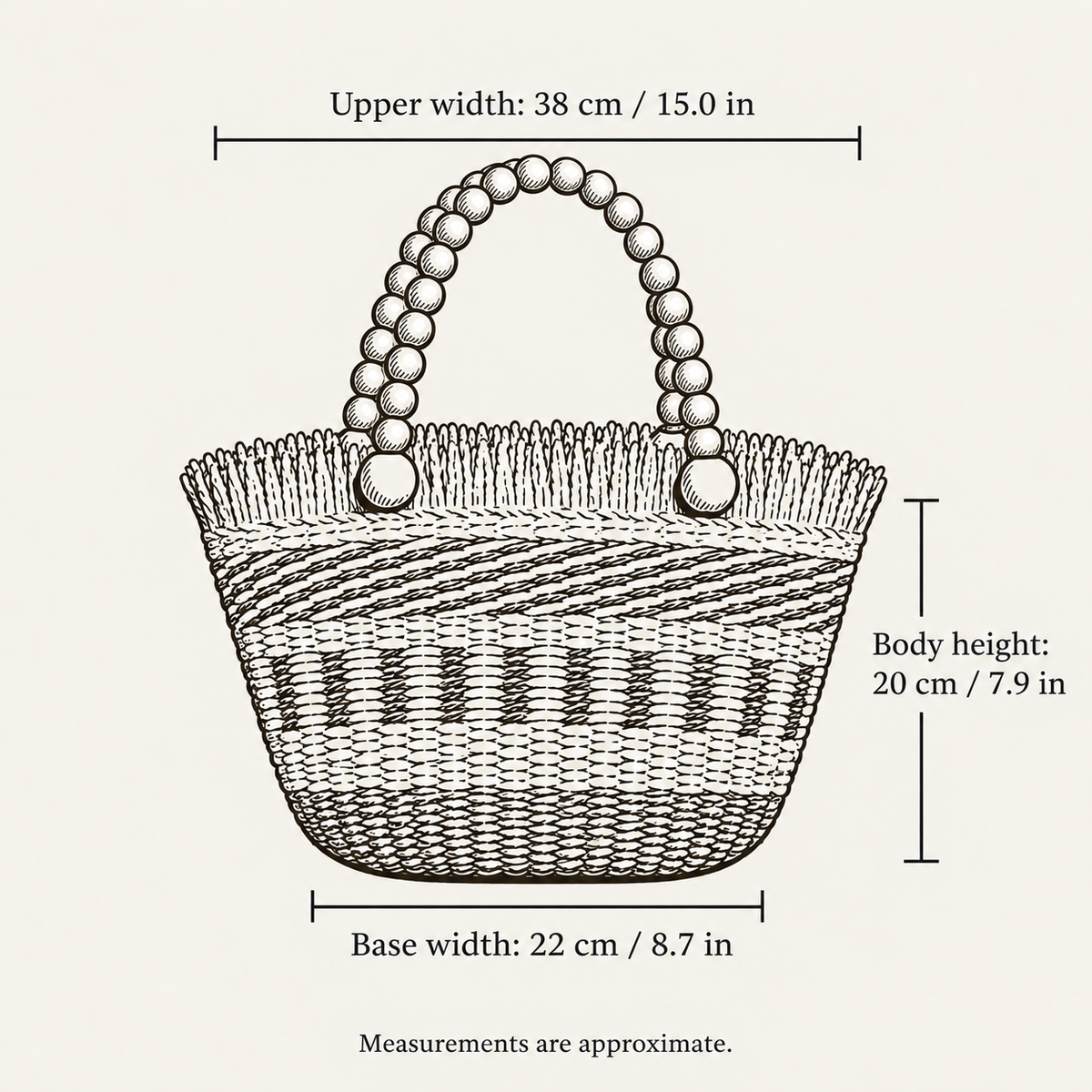 Wooden Bead Bucket Bag, hand-drawn size guide with measurements in centimeters and inches