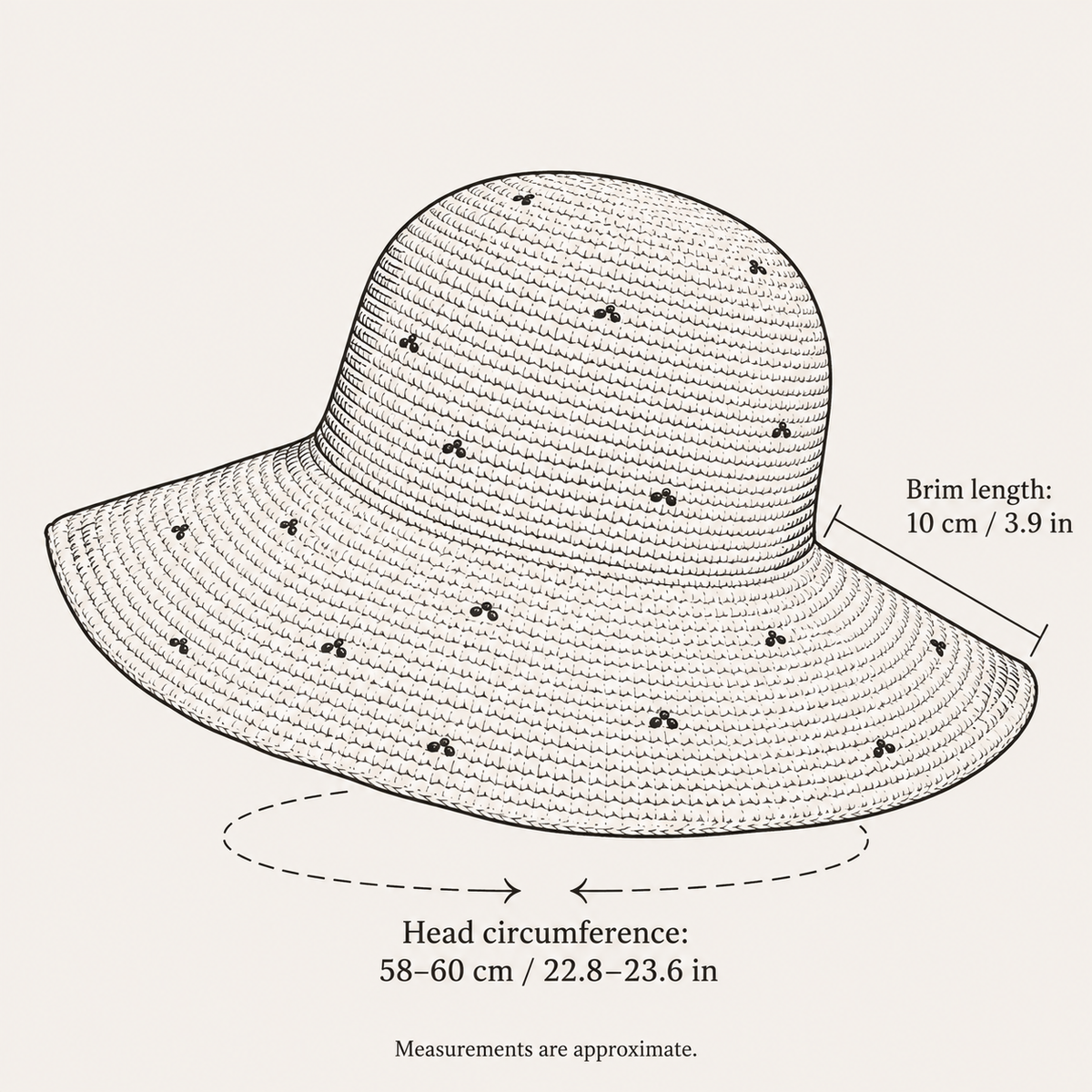 Color Dot Sun Hat, hand-drawn size guide with measurements in centimeters and inches