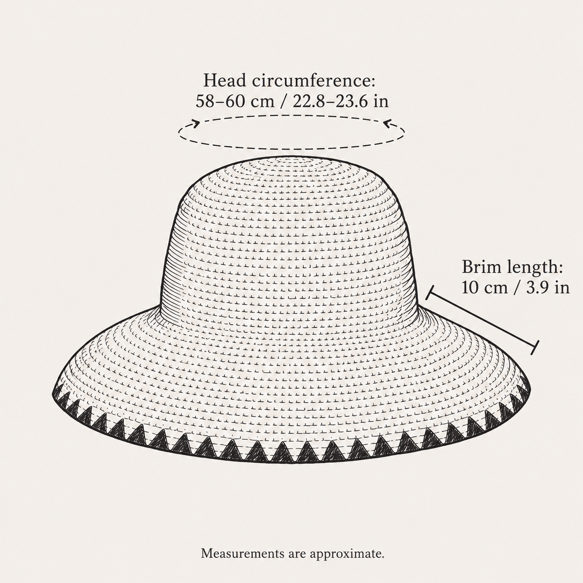 Black Trim Straw Hat, hand-drawn size guide with measurements in centimeters and inches