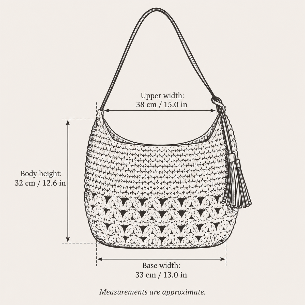 Heart Tassel Shoulder Bag, hand-drawn size guide with measurements in centimeters and inches