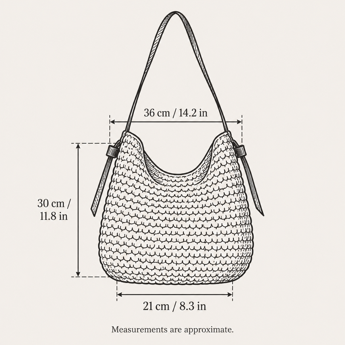 Tassel Cylinder Bag, hand-drawn size guide with measurements in centimeters and inches