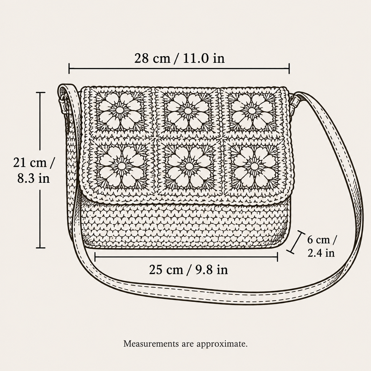 Floral Woven Crossbody, hand-drawn size guide with measurements in centimeters and inches