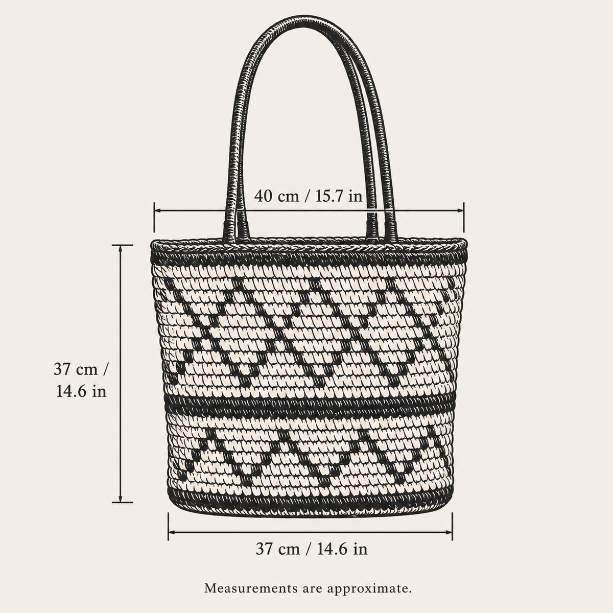 Diamond Weave Shoulder Bag, hand-drawn size guide with measurements in centimeters and inches