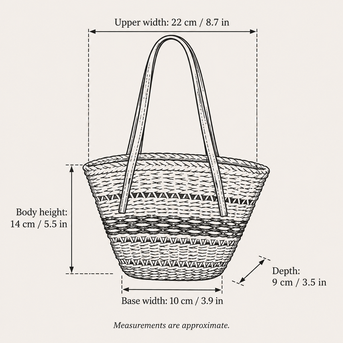 Color Block Basket Tote, hand-drawn size guide with measurements in centimeters and inches