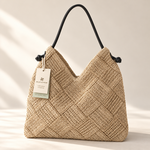 Knotted Strap Woven Hobo in beige / black strap, front view with Solace & Straw hangtag