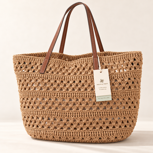 Openwork Travel Woven Tote in brown / large, front view with Solace & Straw hangtag