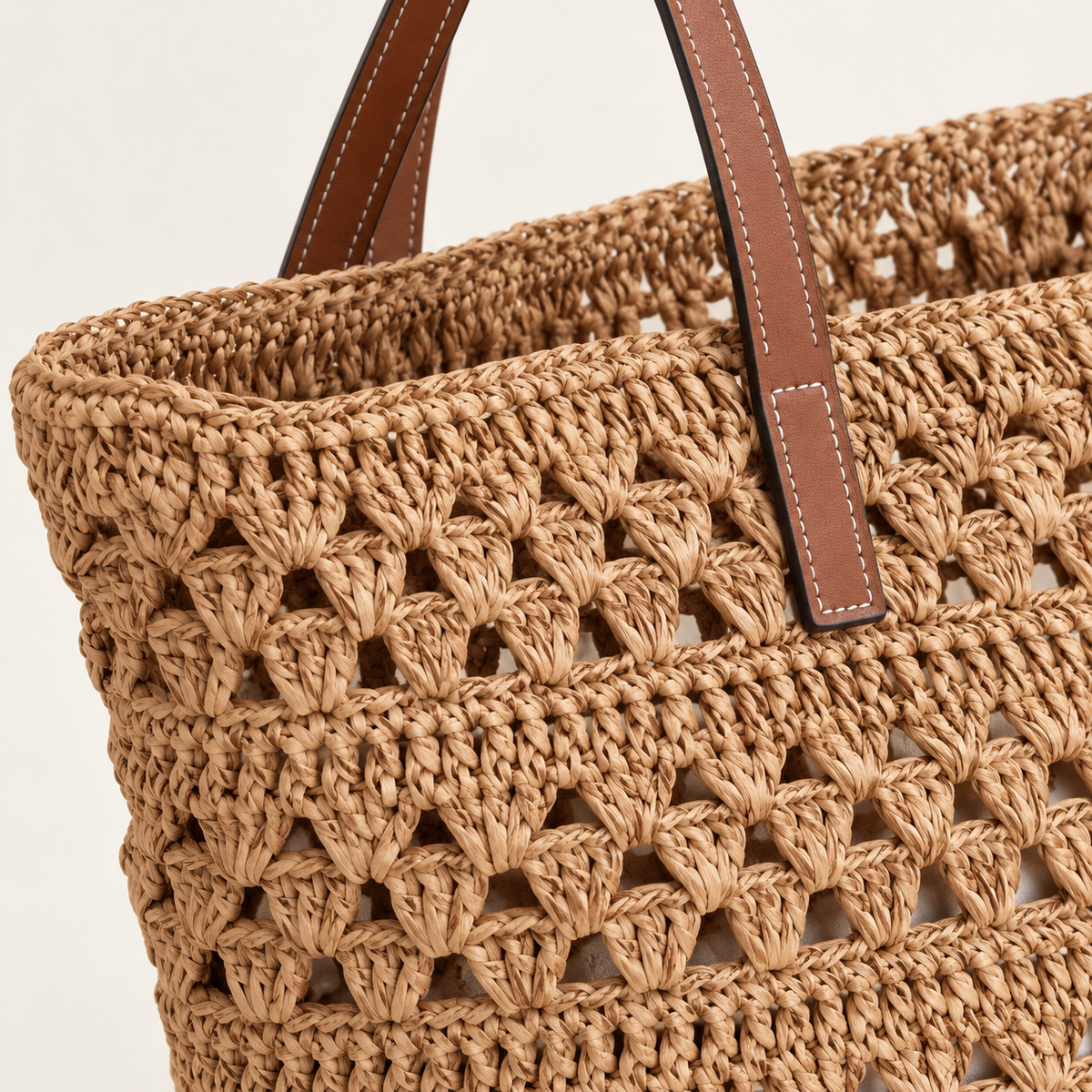 Openwork Travel Woven Tote, close-up of the woven texture and visible construction