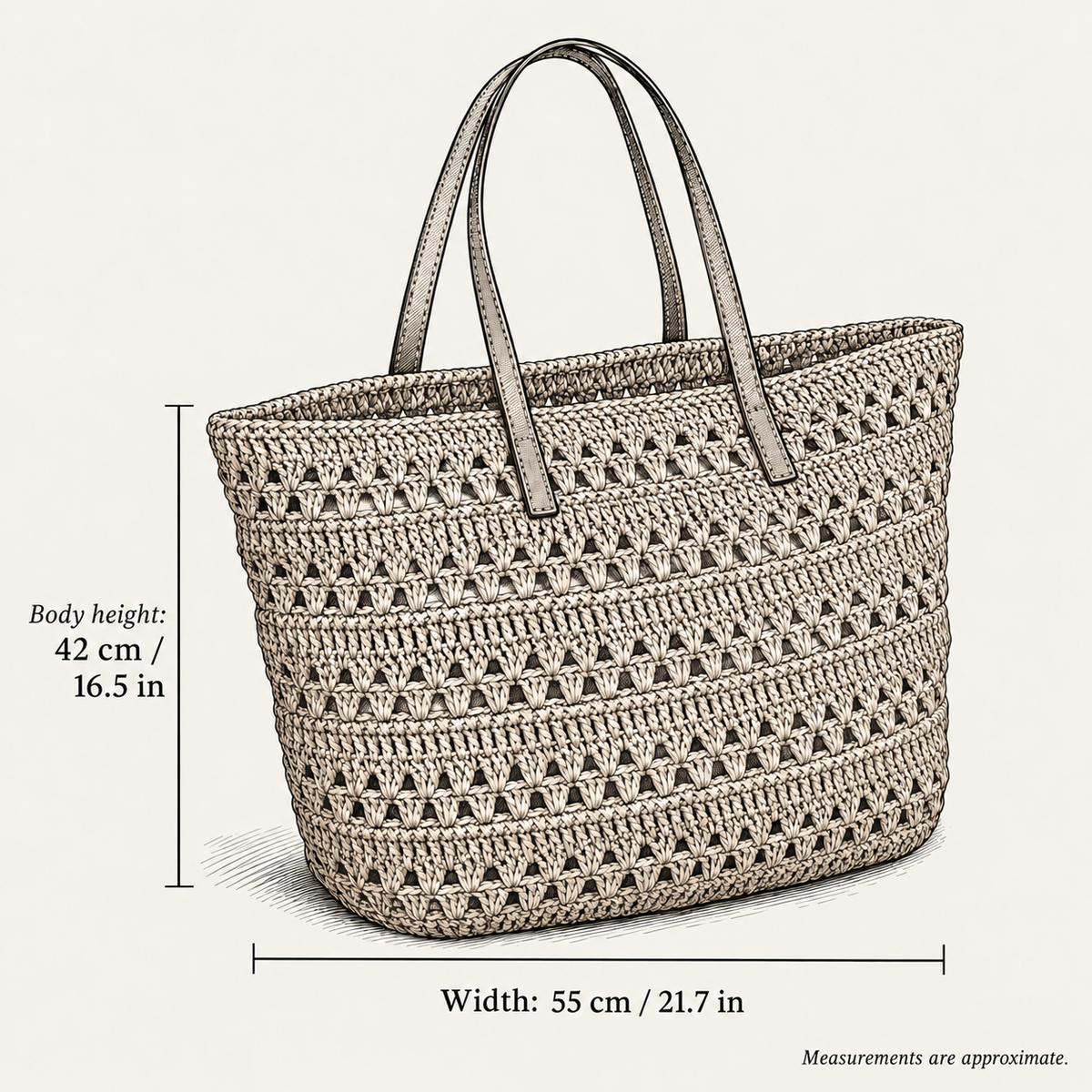 Openwork Travel Woven Tote, hand-drawn external measurements in centimeters and inches