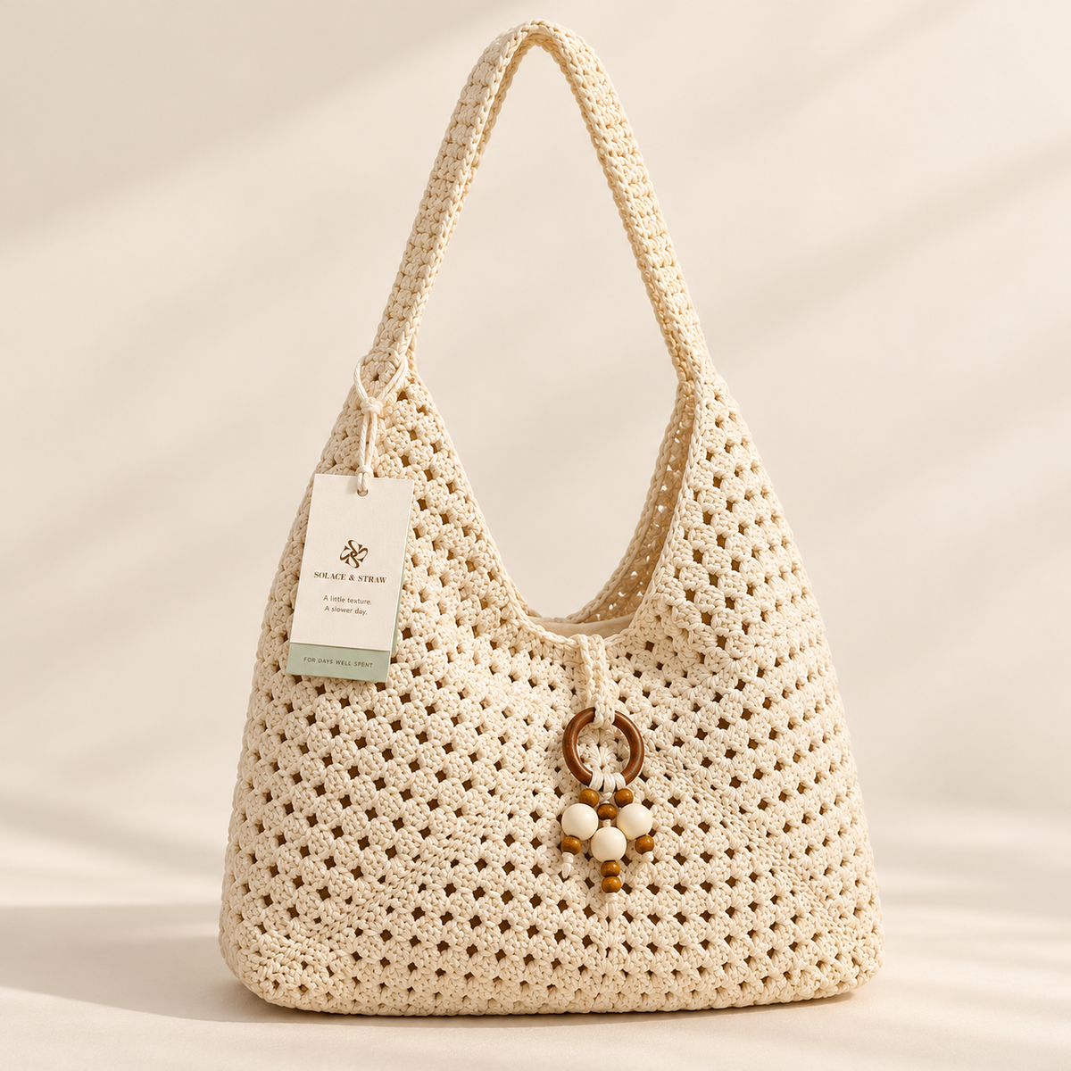Granny Square Cotton Shoulder Bag in ivory, front view with Solace & Straw hangtag