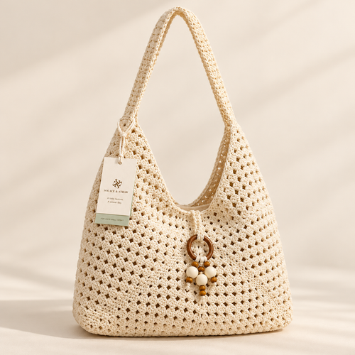Granny Square Cotton Shoulder Bag in ivory, front view with Solace & Straw hangtag