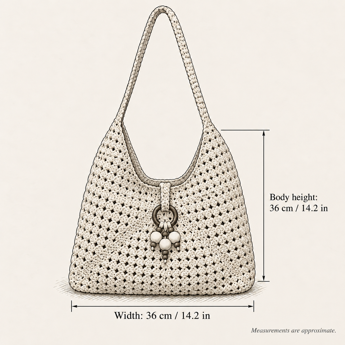 Granny Square Cotton Shoulder Bag, hand-drawn external measurements in centimeters and inches