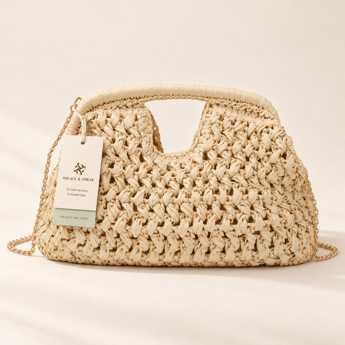 Open Stitch Frame Crossbody in ivory, front view with Solace & Straw hangtag