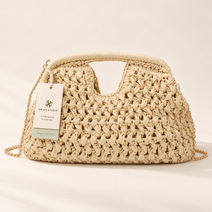 Open Stitch Frame Crossbody in ivory, front view with Solace & Straw hangtag