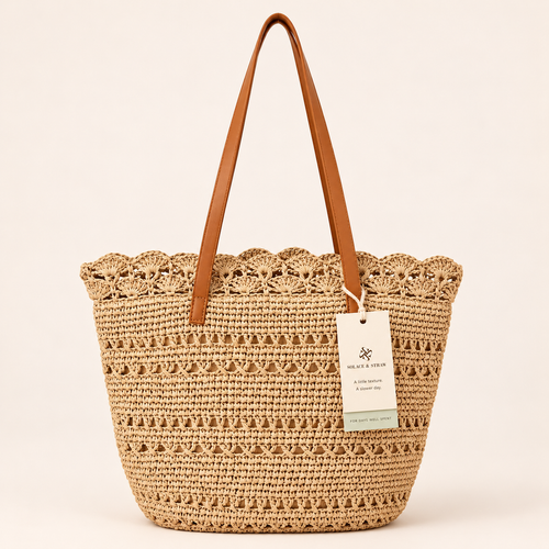 Scalloped Paper Woven Tote in light brown, front view with Solace & Straw hangtag