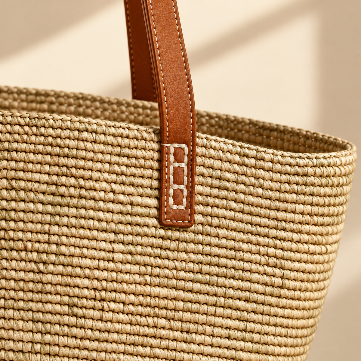 Raffia Bucket Shoulder Tote, close-up of the raffia and visible construction