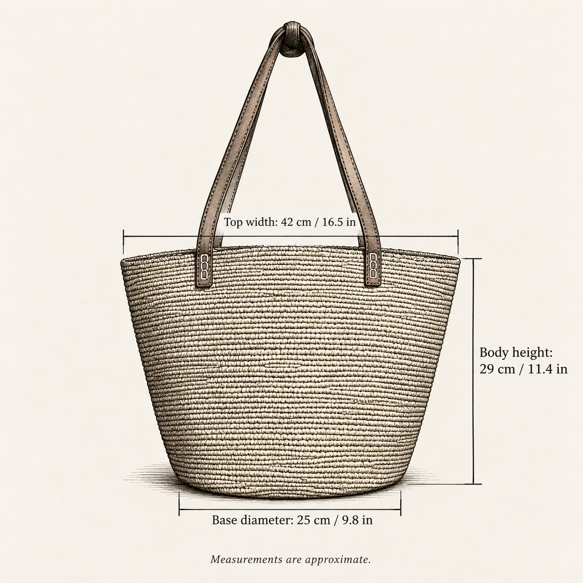 Raffia Bucket Shoulder Tote, hand-drawn external measurements in centimeters and inches