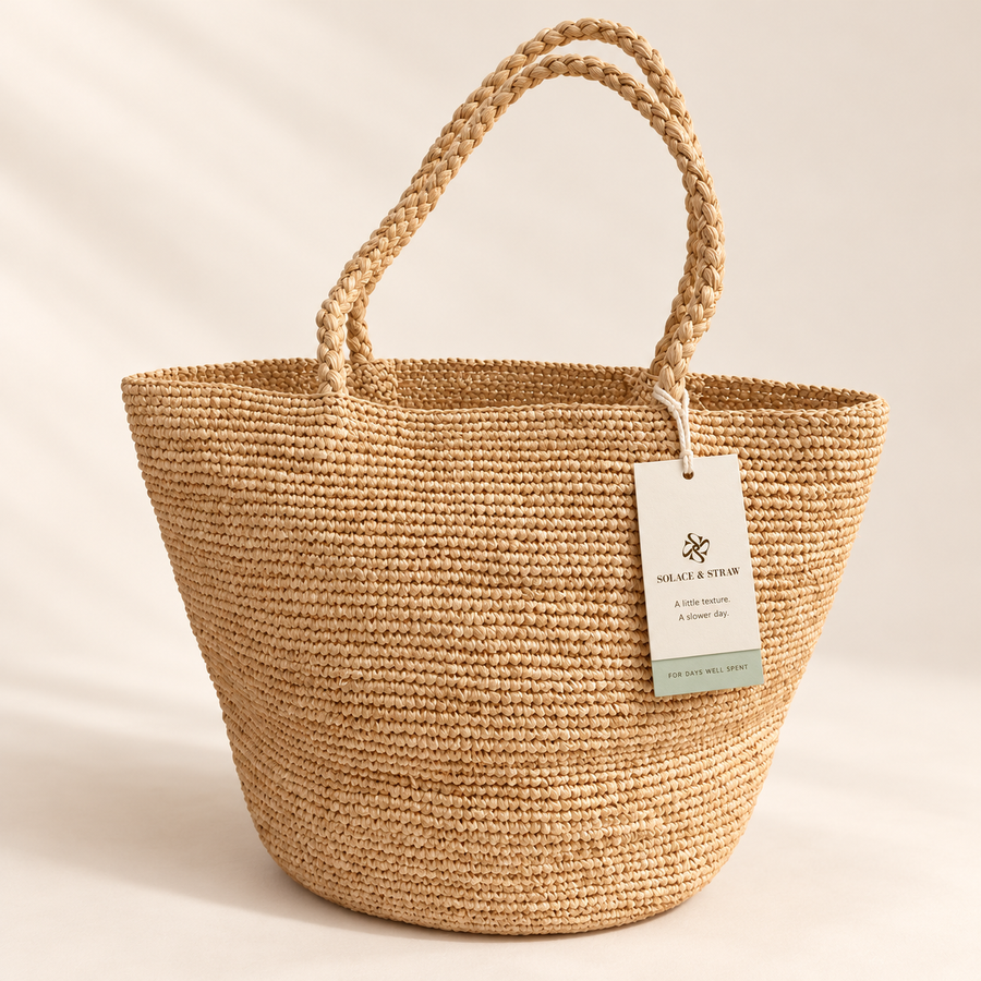 Braided Handle Raffia Tote in natural, front view with Solace & Straw hangtag