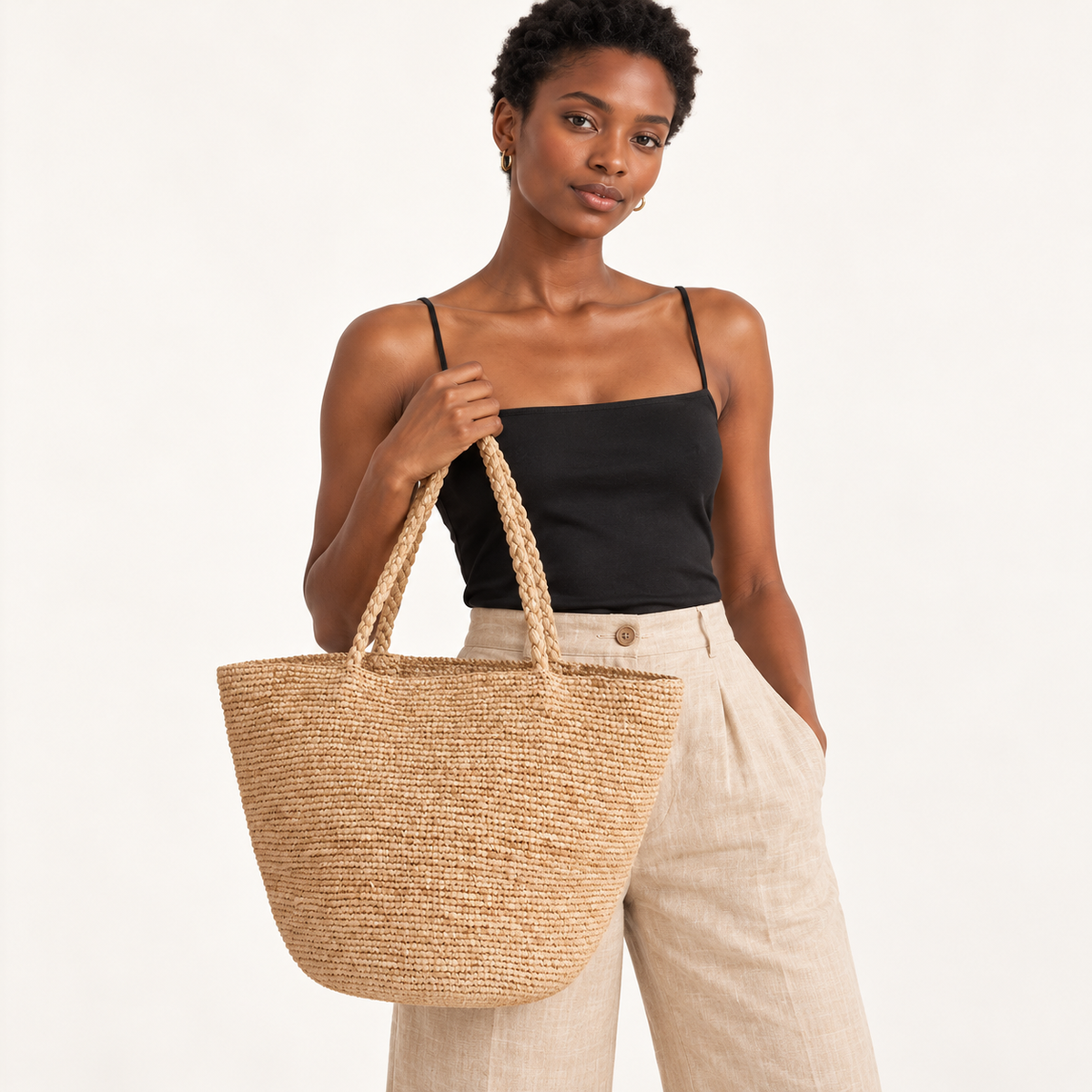 Woman carrying the Braided Handle Raffia Tote in natural, studio styling