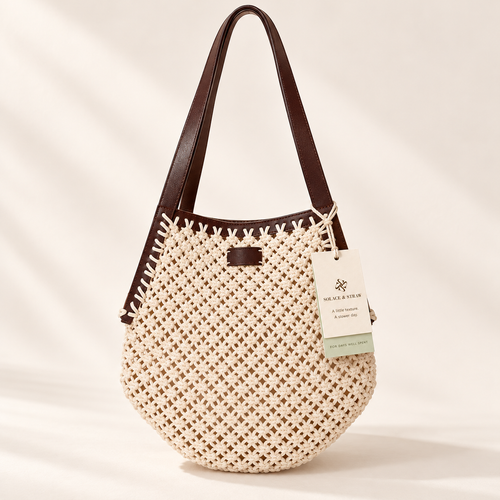 Diamond Crochet Shoulder Bag in ivory / brown straps, front view with Solace & Straw hangtag