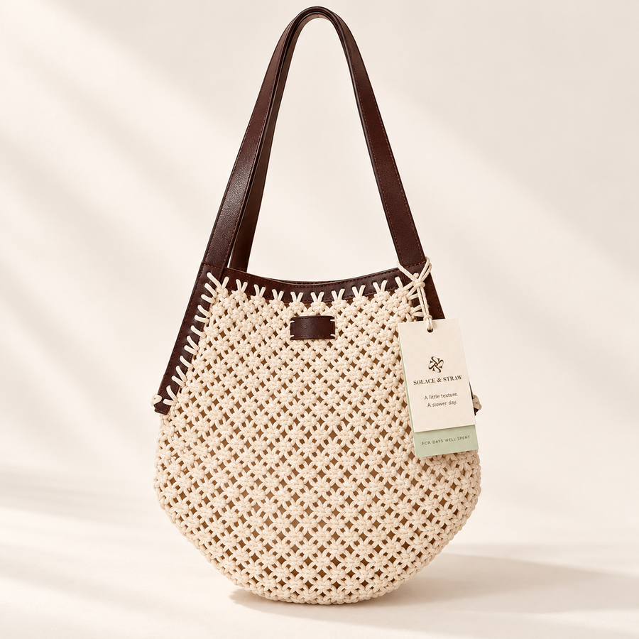 Diamond Crochet Shoulder Bag in ivory / brown straps, front view with Solace & Straw hangtag