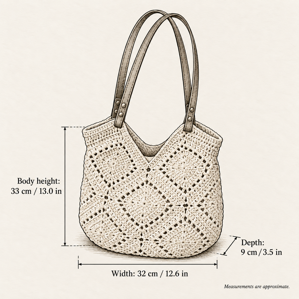 Crochet Patchwork Shoulder Bag, hand-drawn external measurements in centimeters and inches