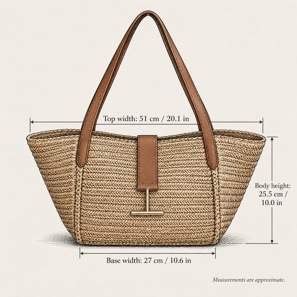 Bar Detail Woven Basket Tote, hand-drawn external measurements in centimeters and inches