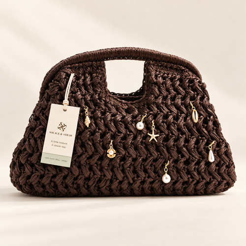 Beaded Crochet Top Handle Bag in coffee, front view with Solace & Straw hangtag
