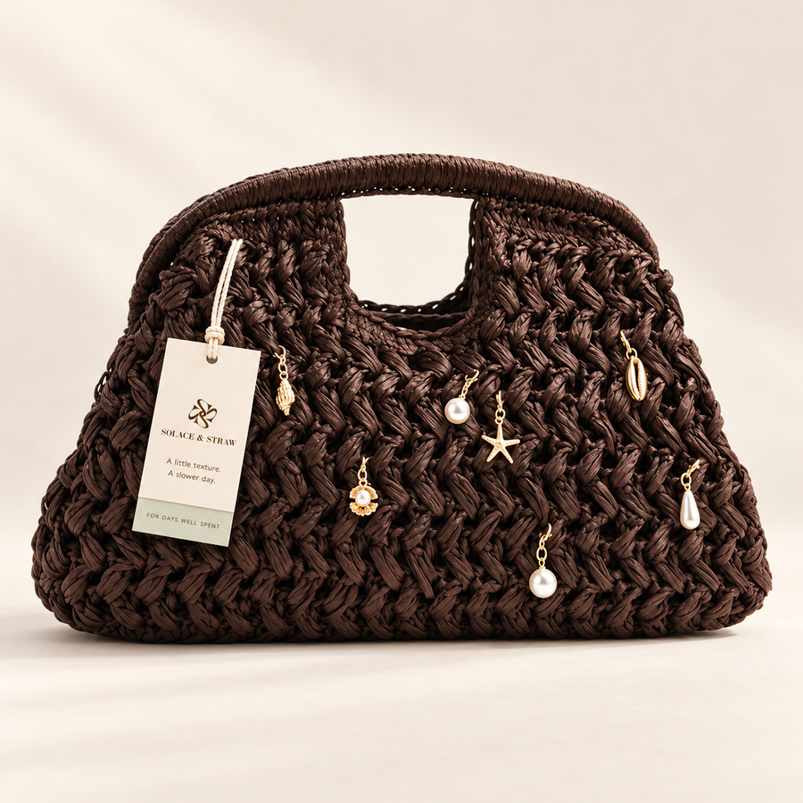 Beaded Crochet Top Handle Bag in coffee, front view with Solace & Straw hangtag