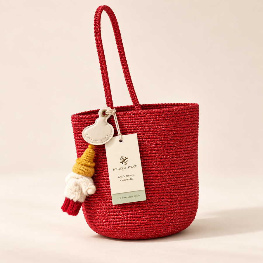 Mini Woven Bucket Crossbody in red, front view with Solace & Straw hangtag
