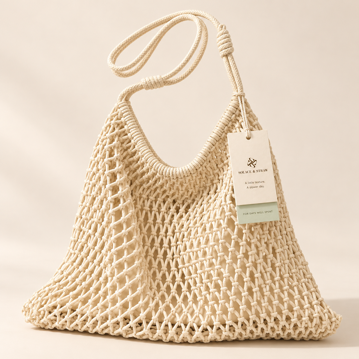 Rope Handle Net Shopper in ivory, front view with Solace & Straw hangtag