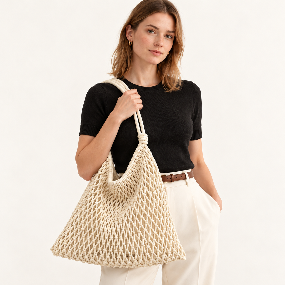 Woman carrying the Rope Handle Net Shopper in ivory, studio styling