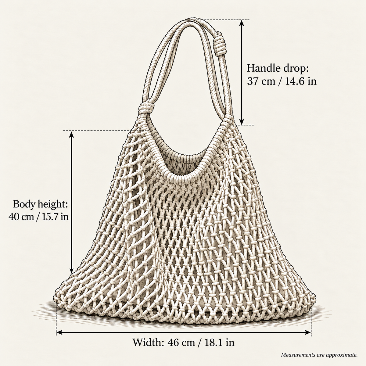 Rope Handle Net Shopper, hand-drawn external measurements in centimeters and inches