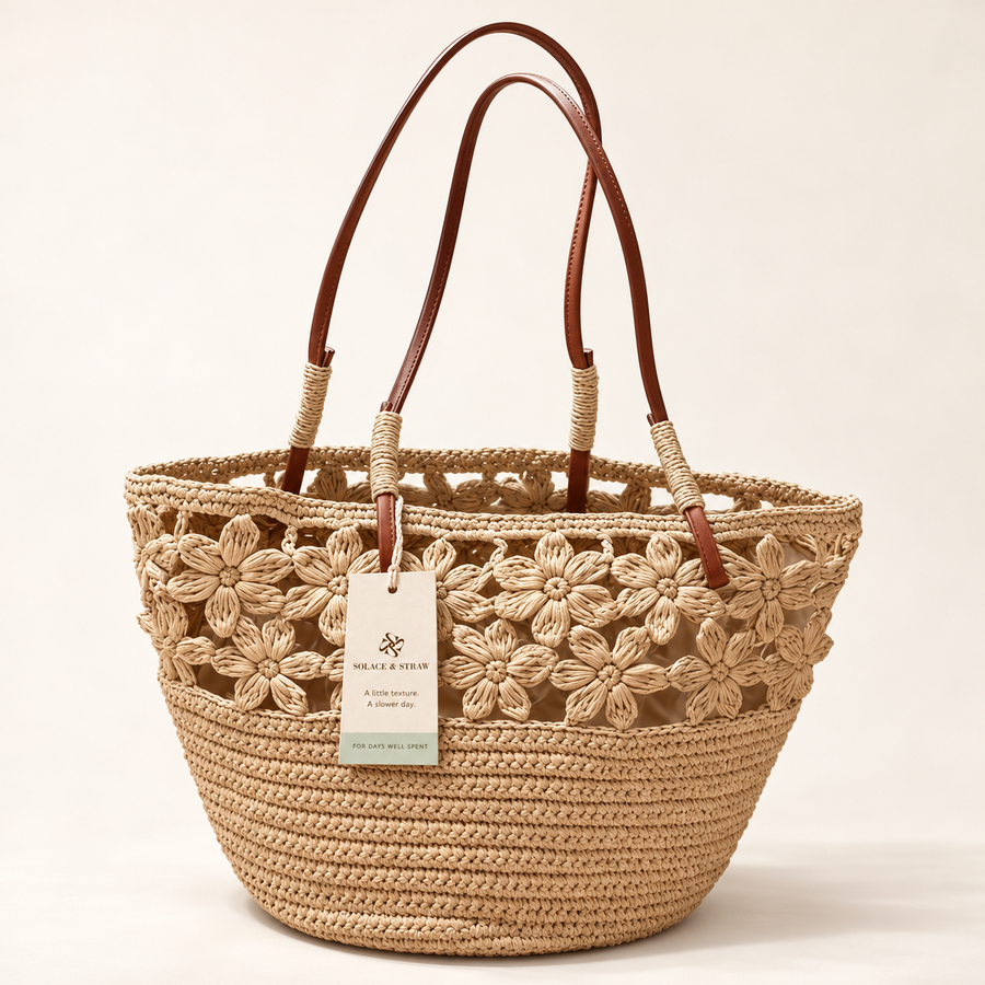 Floral Raffia Shoulder Bag in natural / no inner bag, front view with Solace & Straw hangtag