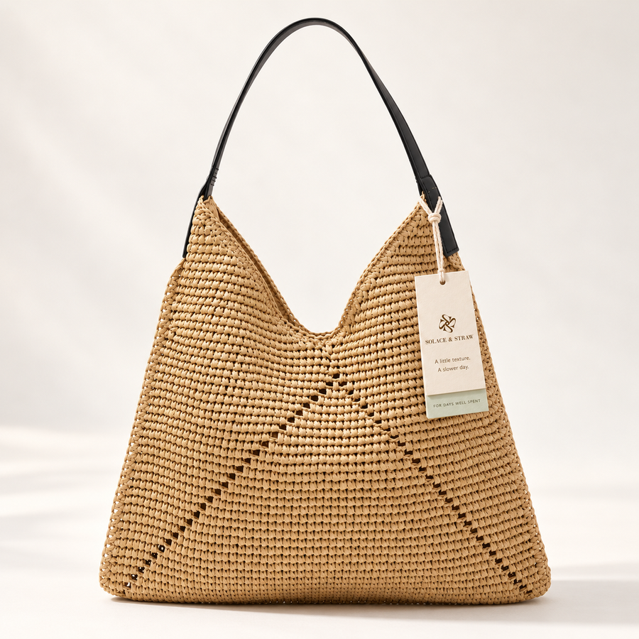 Triangle Stitch Paper Woven Hobo in light brown / black strap, front view with Solace & Straw hangtag