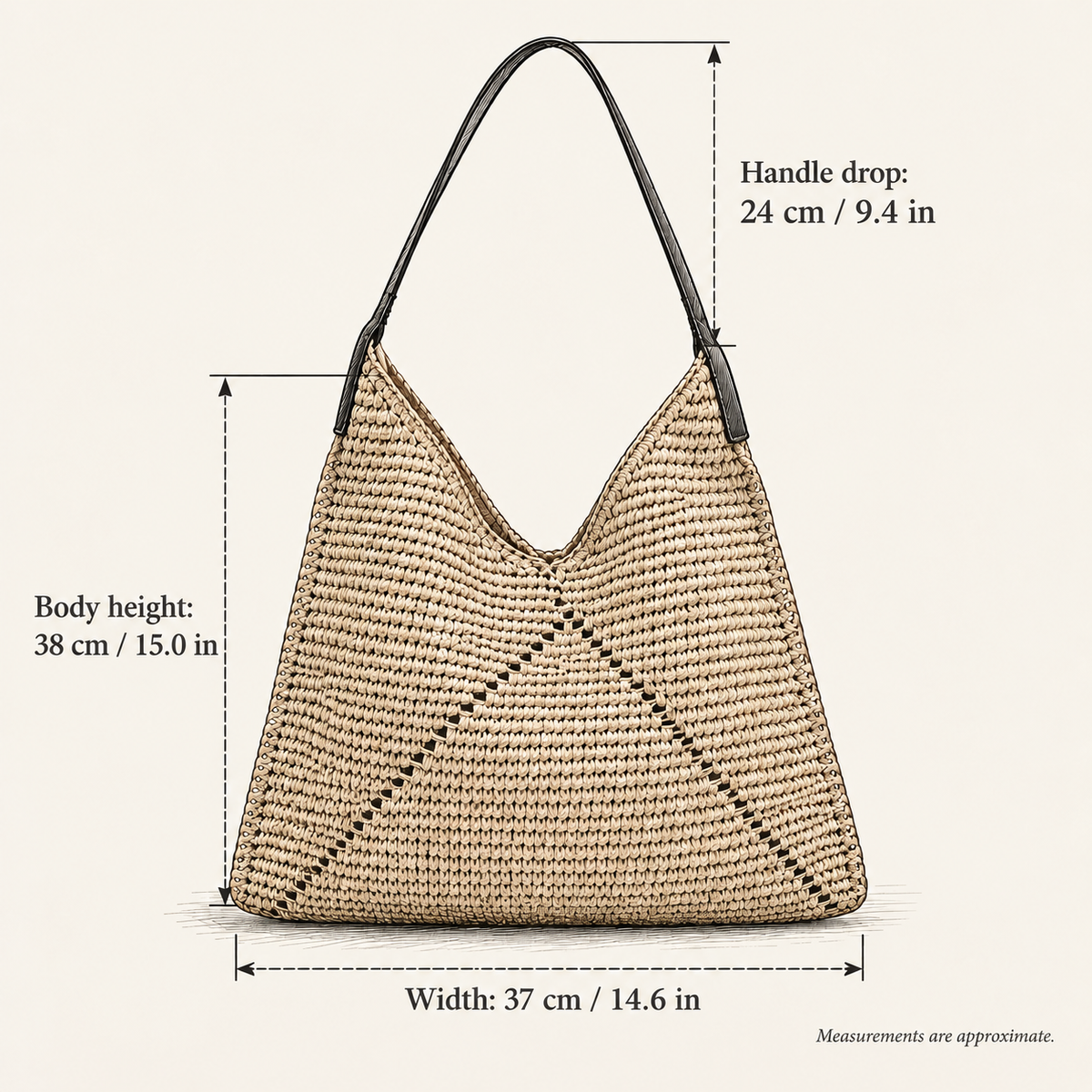 Triangle Stitch Paper Woven Hobo, hand-drawn external measurements in centimeters and inches