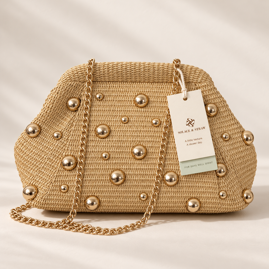 Gold Stud Woven Clutch in natural / gold studs, front view with Solace & Straw hangtag