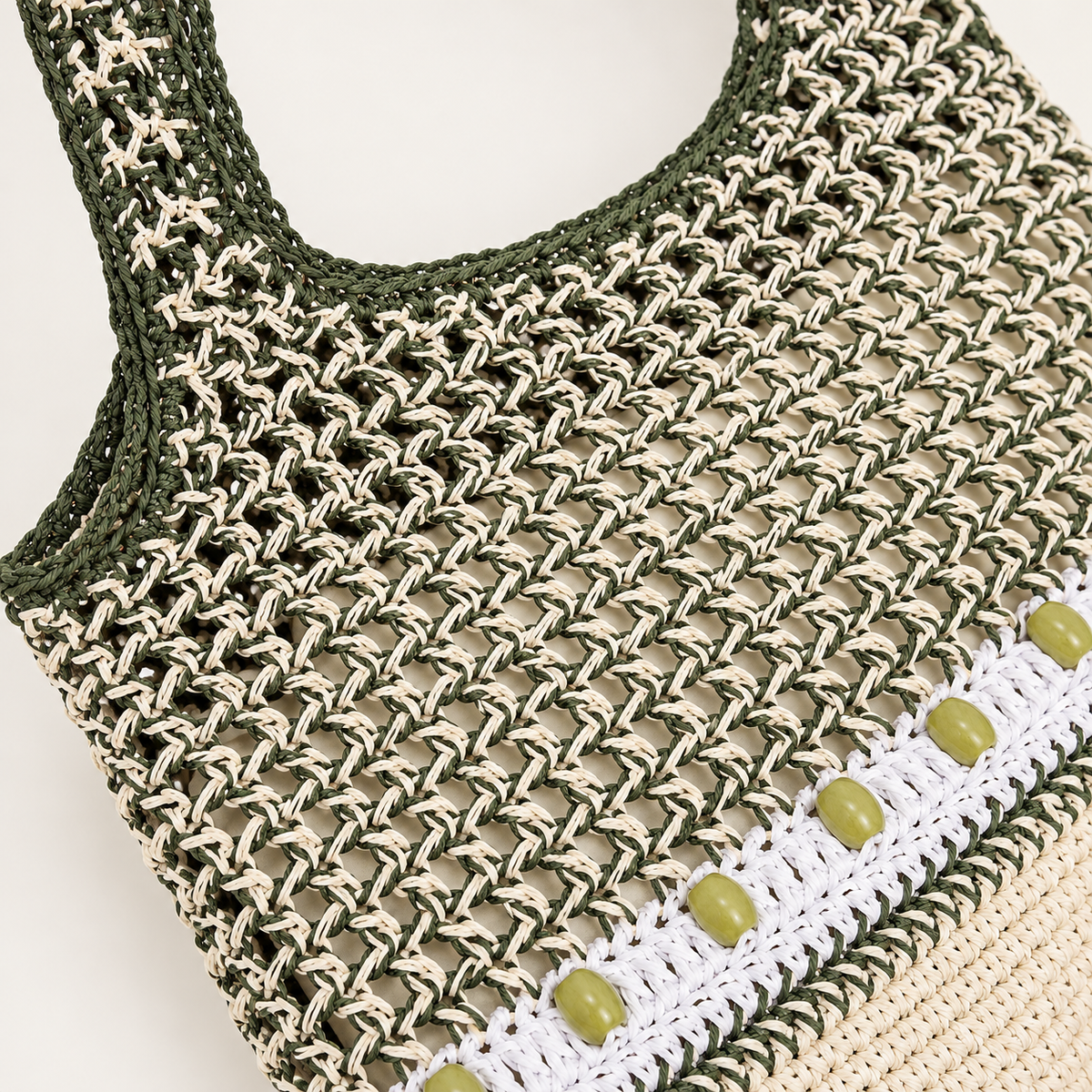 Beaded Stripe Openwork Tote, close-up of the open crochet and visible construction