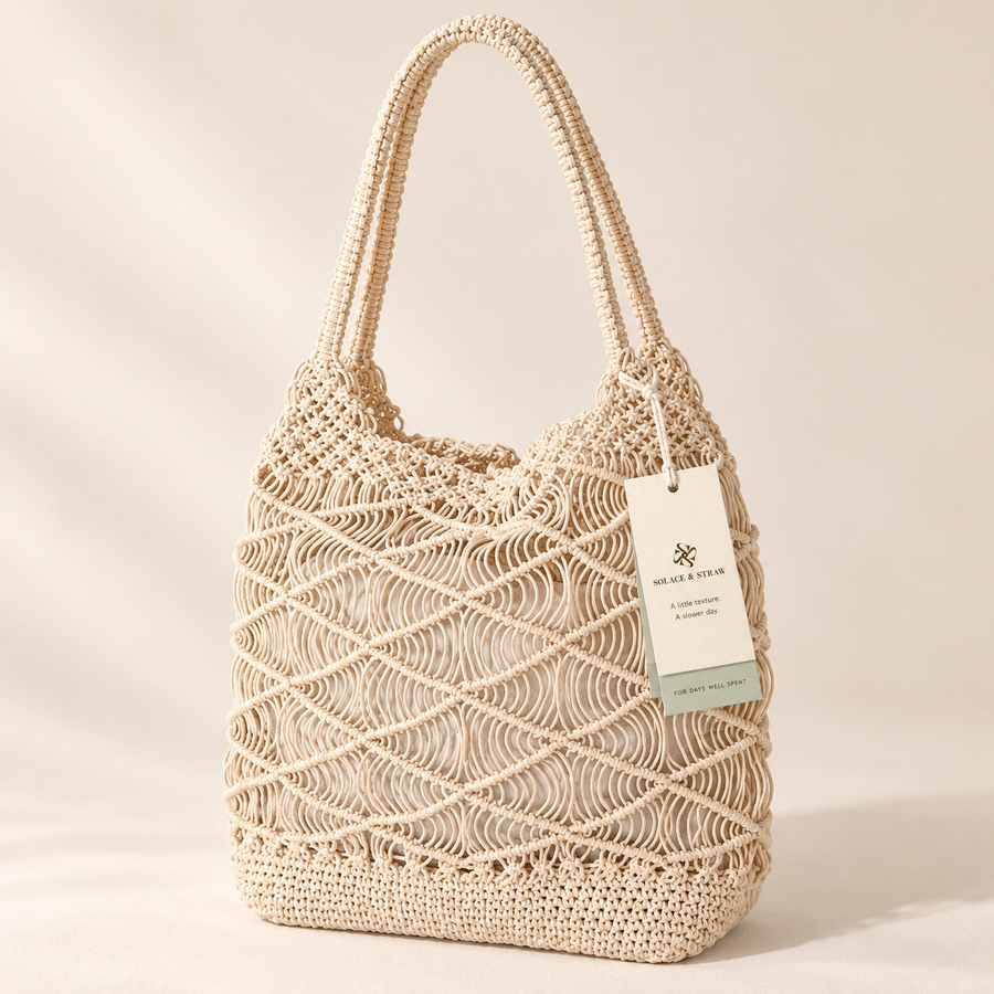 Loop Stitch Drawstring Shoulder Bag in ivory / with inner bag, front view with Solace & Straw hangtag