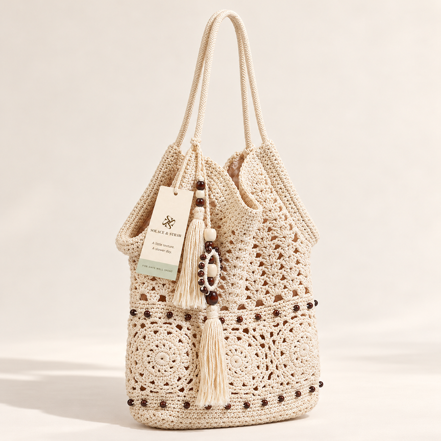 Ivory Crochet Tassel Hobo in ivory, front view with Solace & Straw hangtag