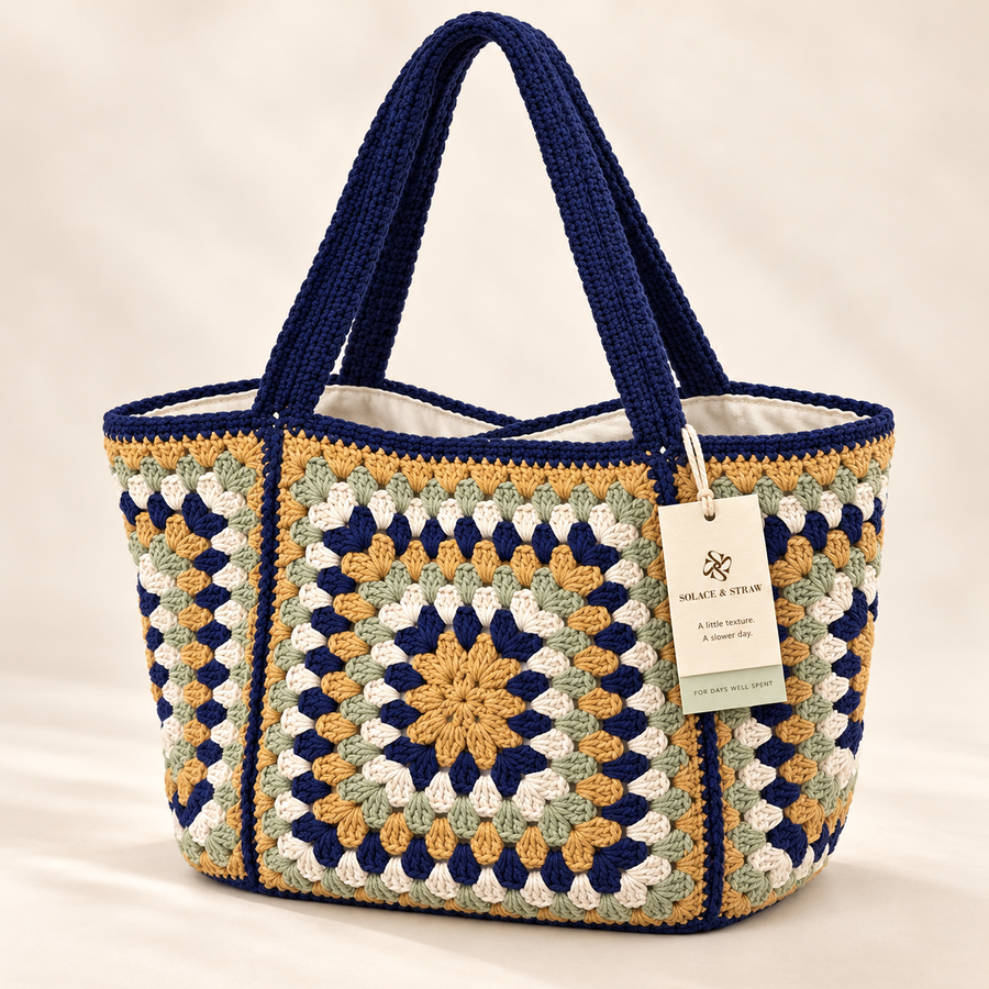Navy Granny Square Cotton Tote in navy / cream / yellow, front view with Solace & Straw hangtag