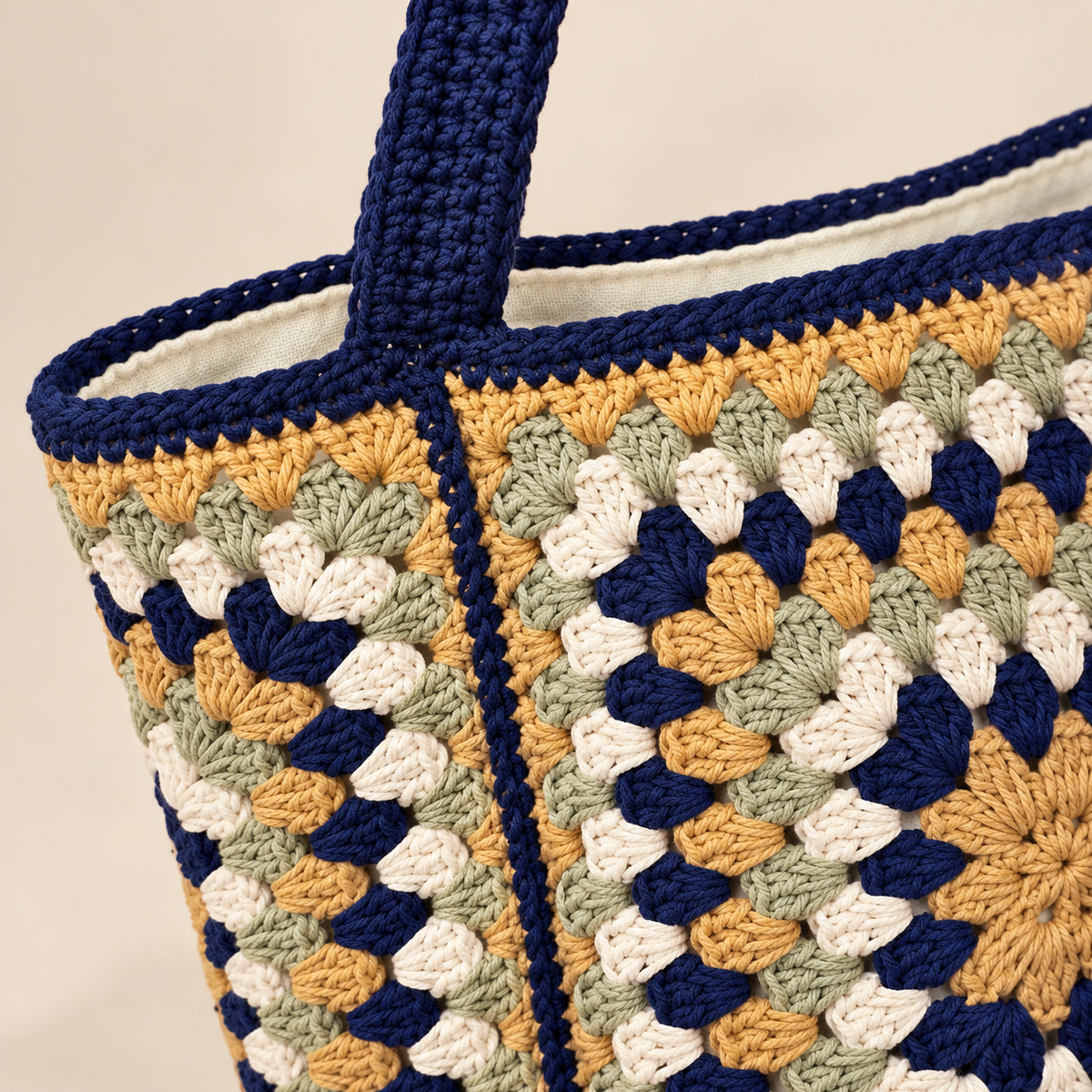 Navy Granny Square Cotton Tote, close-up of the cotton crochet and visible construction