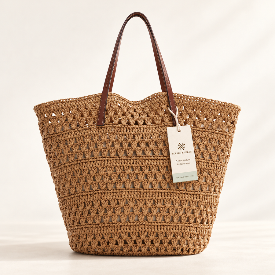 Fan Stitch Paper Woven Tote in brown, front view with Solace & Straw hangtag
