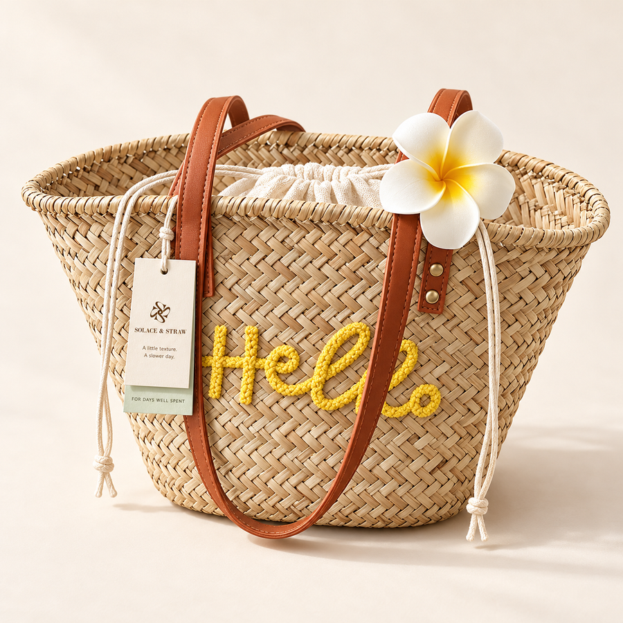 Hello Embroidered Basket Tote in natural / yellow embroidery, front view with Solace & Straw hangtag
