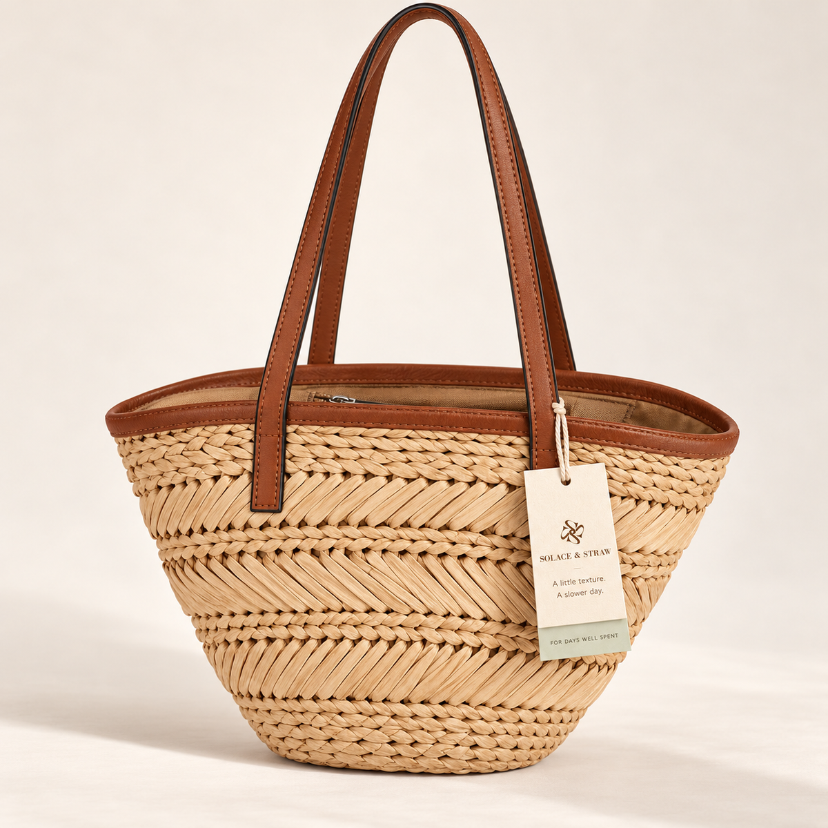Chevron Paper Woven Basket Tote in natural / brown handles, front view with Solace & Straw hangtag
