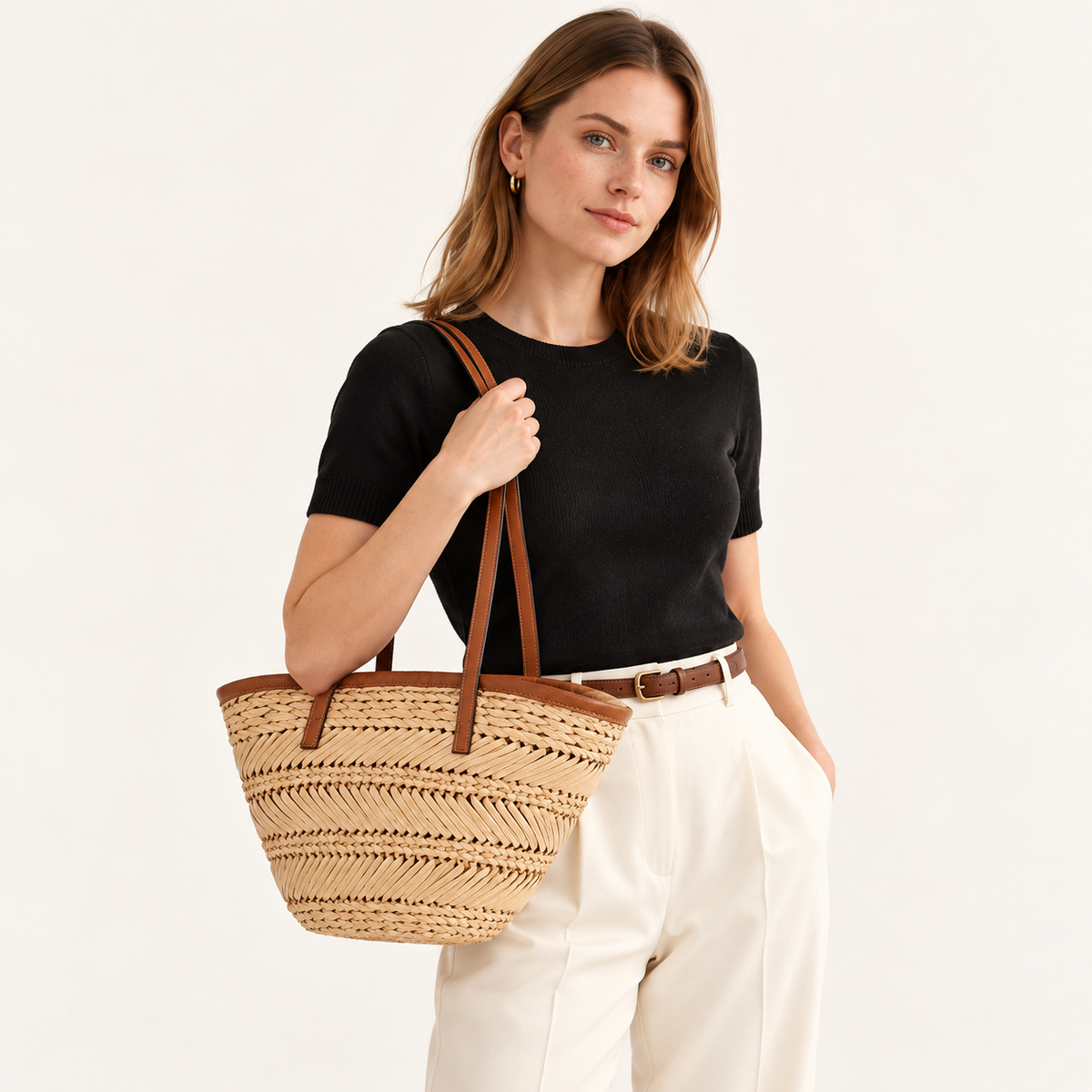 Woman carrying the Chevron Paper Woven Basket Tote in natural / brown handles, studio styling