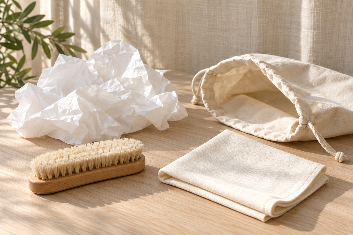 Soft clothes brush, dry cloth and acid-free tissue arranged on a pale wooden table