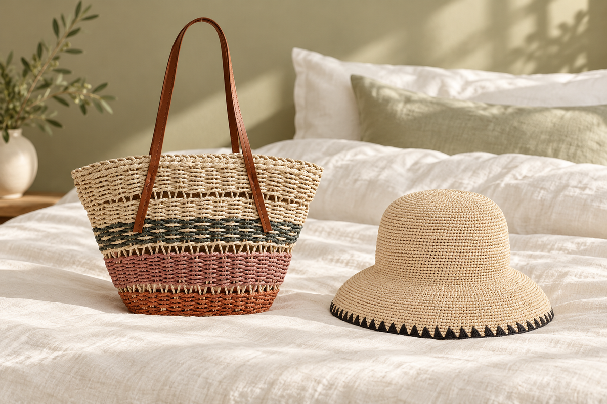 Color Block Basket Tote beside the Black Trim Straw Hat on ivory linen