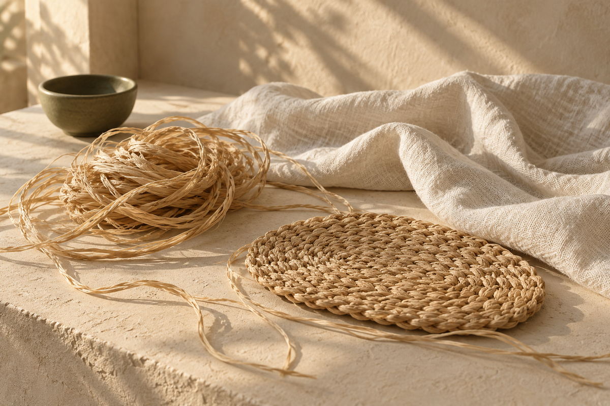 Natural woven fibres and a folded linen cloth beside a small ceramic bowl